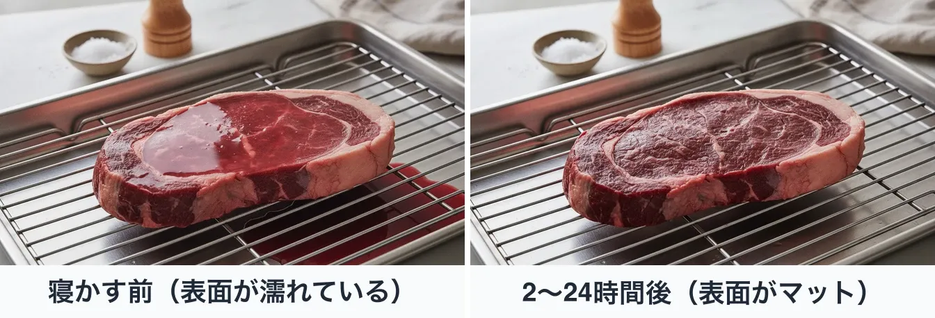 網に載せた同じ牛ステーキ肉を同じ角度から並べた2枚。冷蔵庫に入れる前は表面が明るい赤で濡れて光り、ラップをせずに冷蔵庫で寝かせた後は表面が乾いて色が深くなり、つやの無いマットな質感になっている