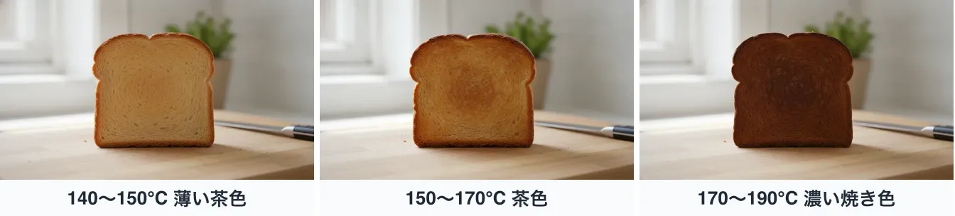 同じ木のまな板に載せた同じ厚切りのパンを同じ角度から並べた3枚。140〜150℃の段階は表面がうっすら色づいた薄い茶色、150〜170℃は均一な茶色、170〜190℃は濃い焼き色
