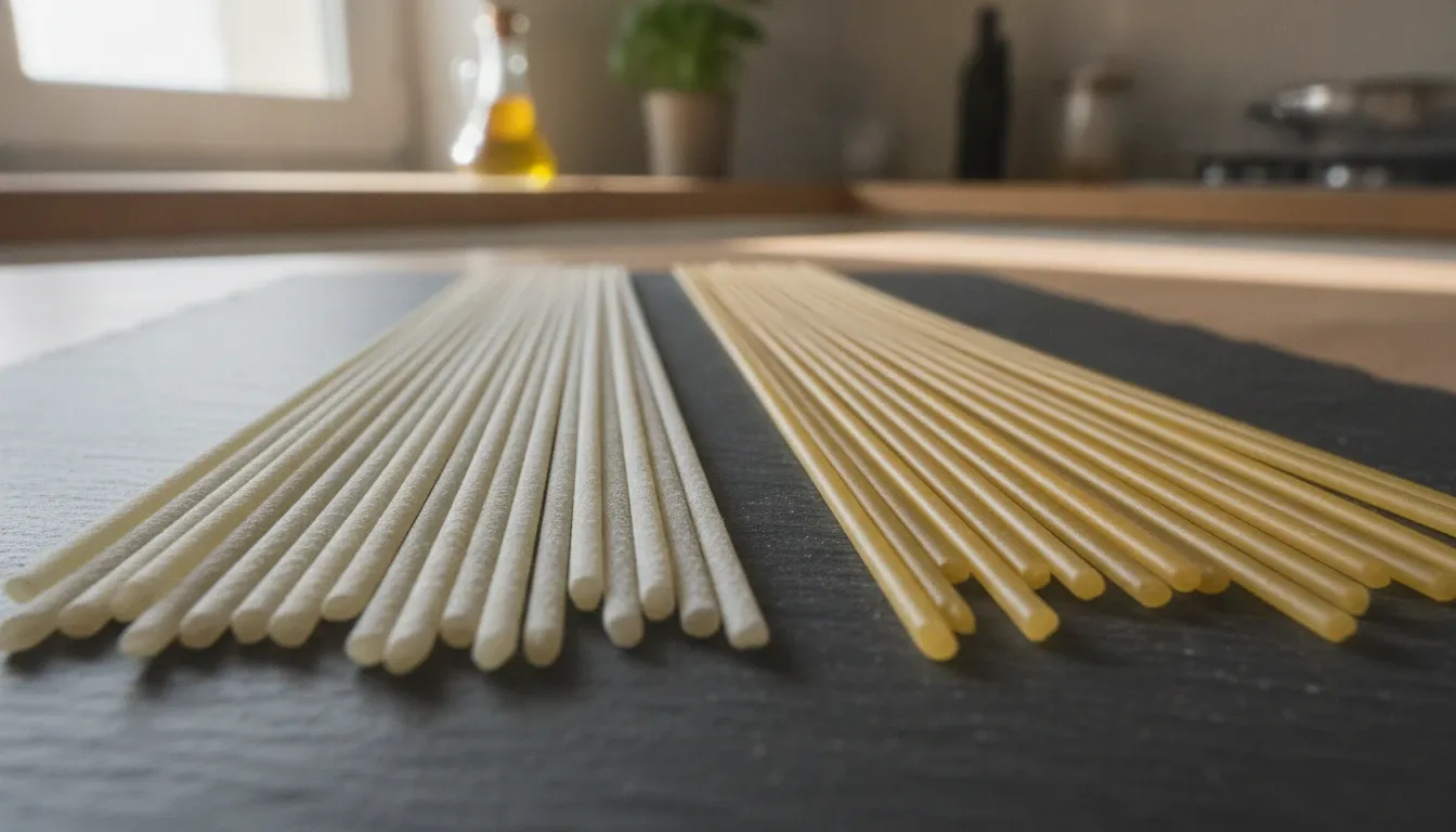 同じ1.7mmの乾燥スパゲッティの束を2つ並べて表面に寄る。左のブロンズダイスの麺は粉を吹いたようなつや消しの淡い黄色、右のテフロンダイスの麺はガラスのように滑らかに光る濃い黄金色