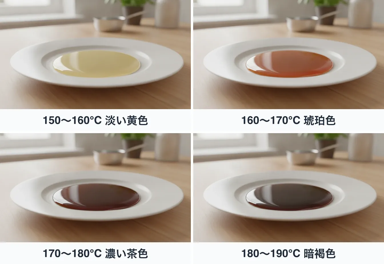 同じ白い皿に流したカラメルの溜まりを同じ角度から並べた4枚。150〜160℃は透けるような淡い黄色、160〜170℃は澄んだ琥珀色、170〜180℃は濃い茶色、180〜190℃は光を通さない暗褐色