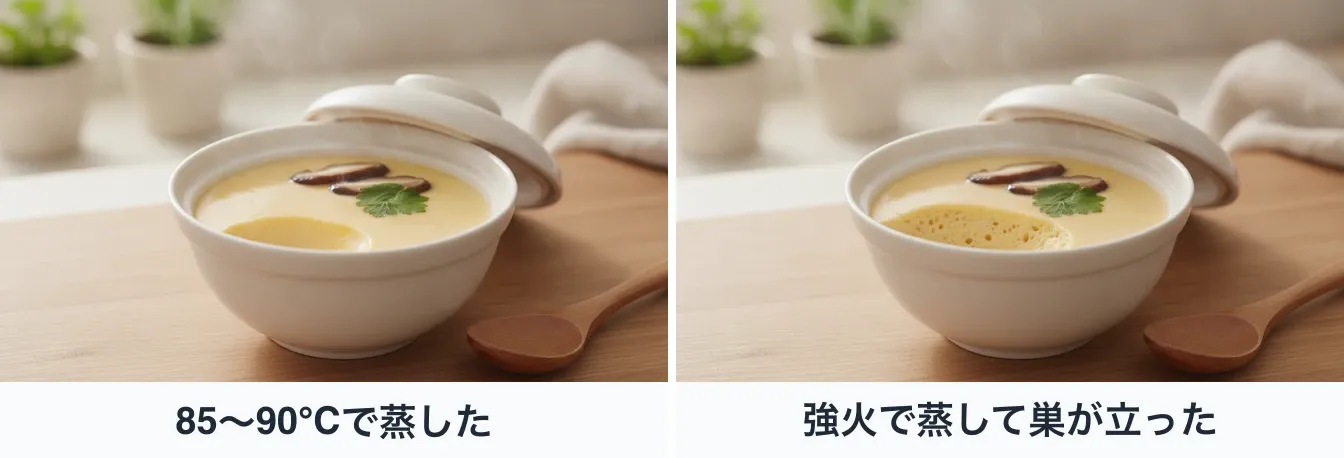 同じ白い蒸し茶碗の茶碗蒸しを、匙ですくった跡が見える同じ角度から撮った2枚。左は85〜90℃で蒸したもので、すくった跡の切り口も表面もなめらか。右は強火で蒸して巣が立ったもので、すくった跡の切り口(卵の内部)に小さな空洞が無数にあいている