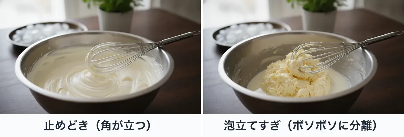 同じステンレスのボウルの生クリームを同じ角度から並べた2枚。泡立てすぎる前に止めたものはなめらかで角が立ち、つやがある。泡立てすぎたものはボソボソとした黄みがかった粒の塊に分離し、底に水っぽい液がにじんでいる