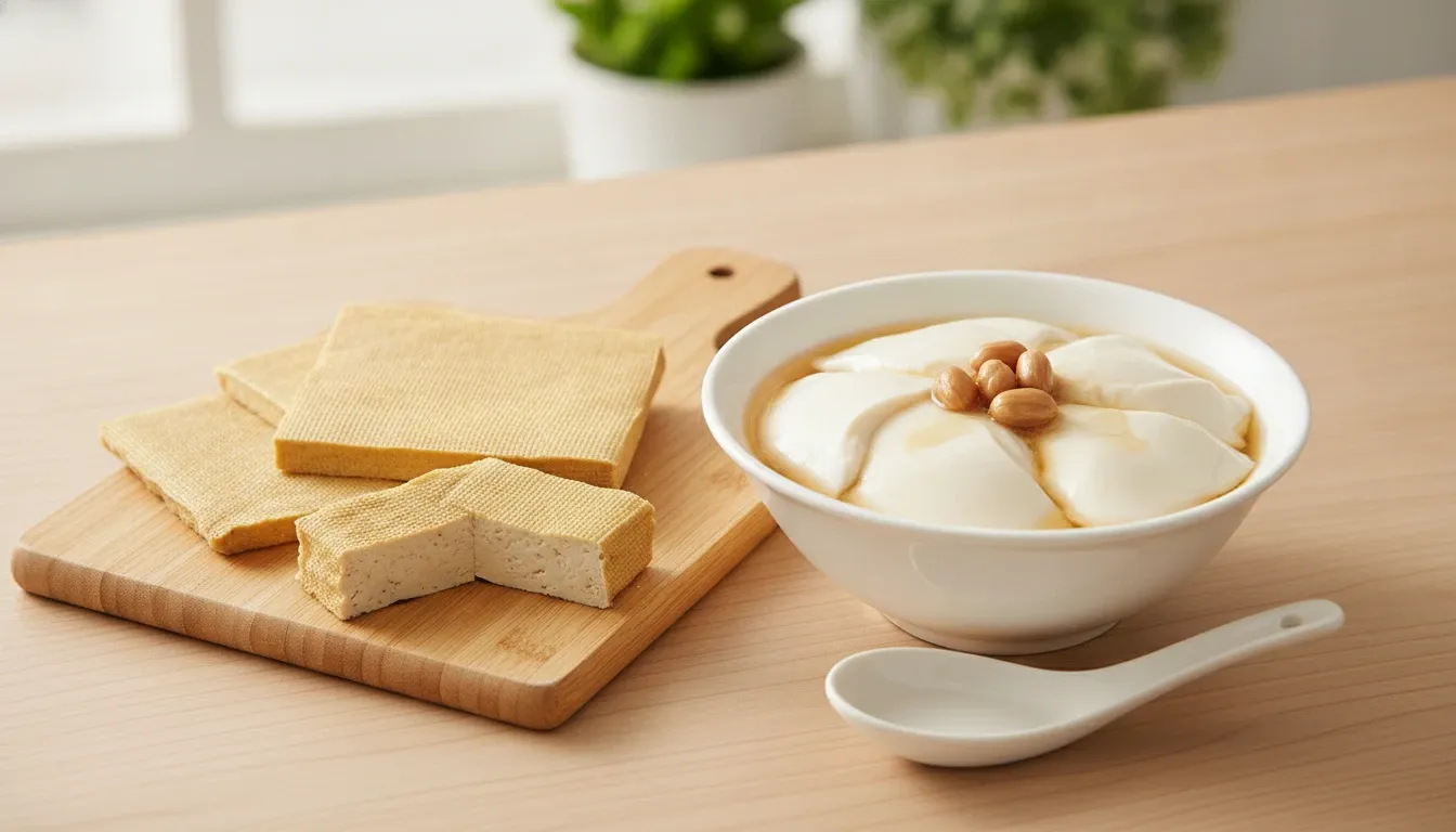 左の木のまな板に積んだ豆腐干は、薄茶色の硬い正方形の板で、表面に布目の格子模様がある。右の白い碗の豆花は、匙ですくった跡のある白くなめらかな柔らかい豆腐に、淡い琥珀色のシロップがかかっている