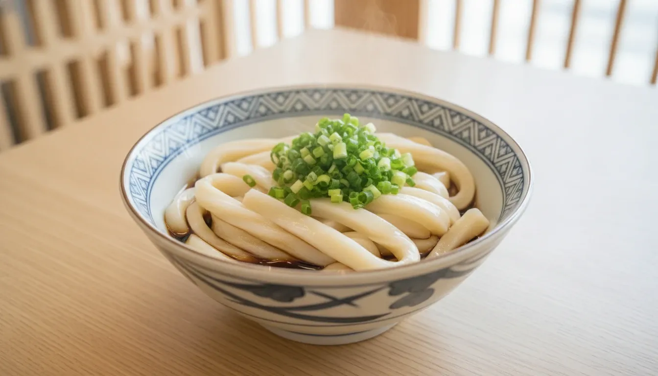 丼に盛った伊勢うどん。太さ1.5cmほどの白い極太の麺が、柔らかくゆるくうねって丼の中に平たく寝そべり、ところどころ短く切れている。底には濃いたまり醤油のタレがたまり、上に刻みねぎがたっぷりのる