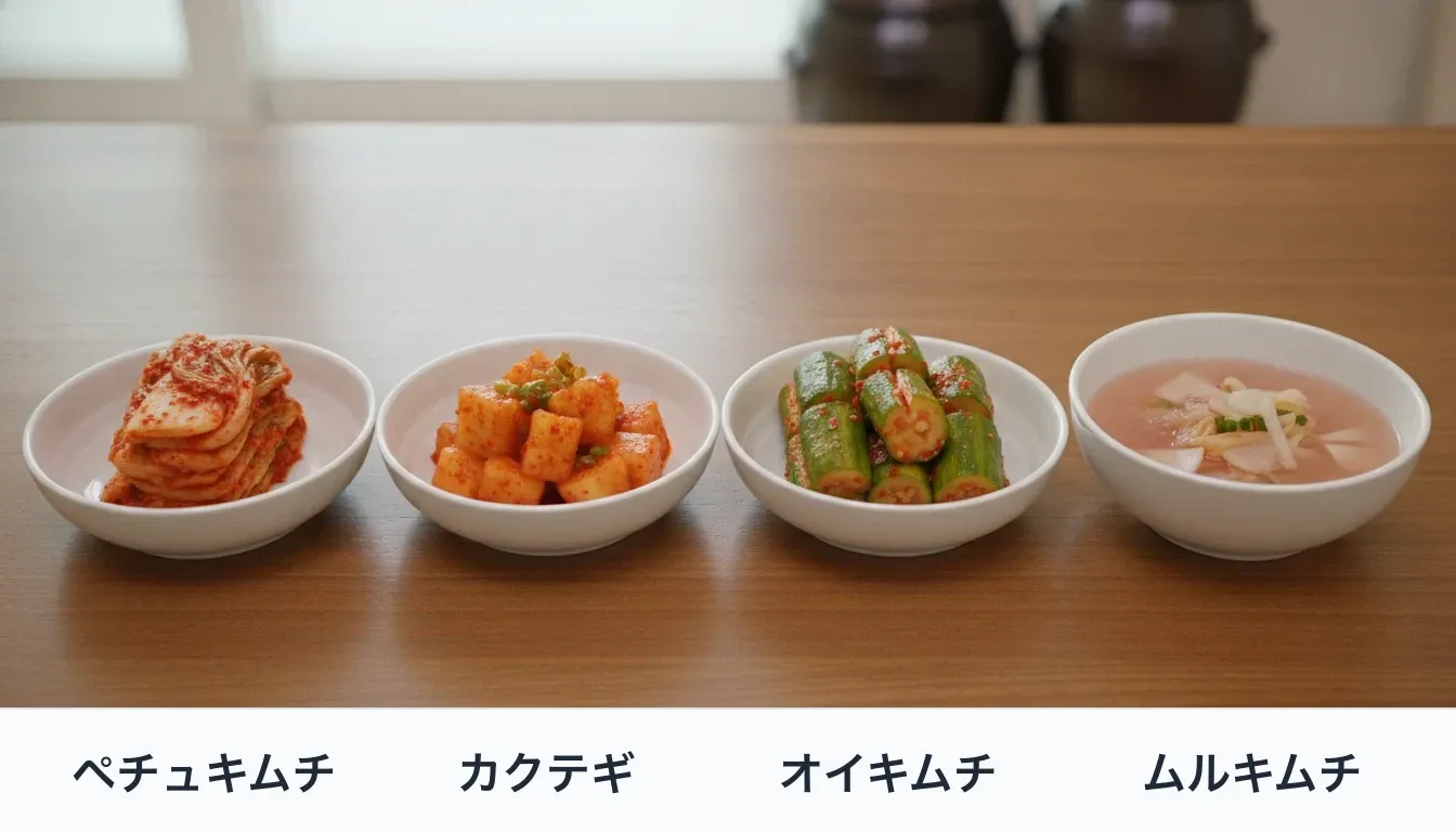 白い小皿に盛った4種のキムチを左から並べた写真。ペチュキムチは赤い薬味をまとった白菜の葉、カクテギは赤く和えた大根の角切り、オイキムチは切り込みに薬味を詰めたきゅうり、ムルキムチは淡い色の汁に大根と白菜の薄切りが浮かぶ。それぞれの下に名前を焼き込んでいる