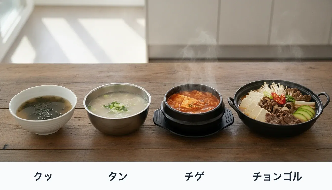 韓国のスープ4種を左から並べた写真。クッ(ミヨックッ)は白い椀に澄んだ汁とわかめ、タン(ソルロンタン)は白く濁った牛骨スープに青ねぎ、チゲ(キムチチゲ)は黒い土鍋で赤く煮立ち、チョンゴルは浅く広い鍋に具を並べて煮る。それぞれの下に名前を焼き込んでいる