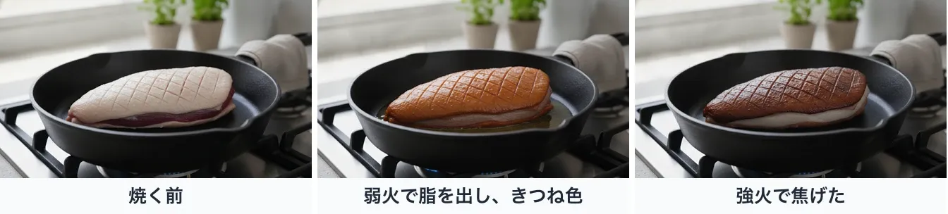 格子状の切れ目を入れた同じ鴨胸肉の皮目を、鉄のフライパンの中で同じ角度から並べた3枚。焼く前は皮が乳白色で、細い切れ目が閉じている。弱火で脂を出し切ると皮が赤みのある琥珀色になり、フライパンに透明な脂がたまる。強火で焼くと皮の表面が濃い焦げ茶になるが、皮の下の白い脂は厚く残り、フライパンに脂はほとんど出ない