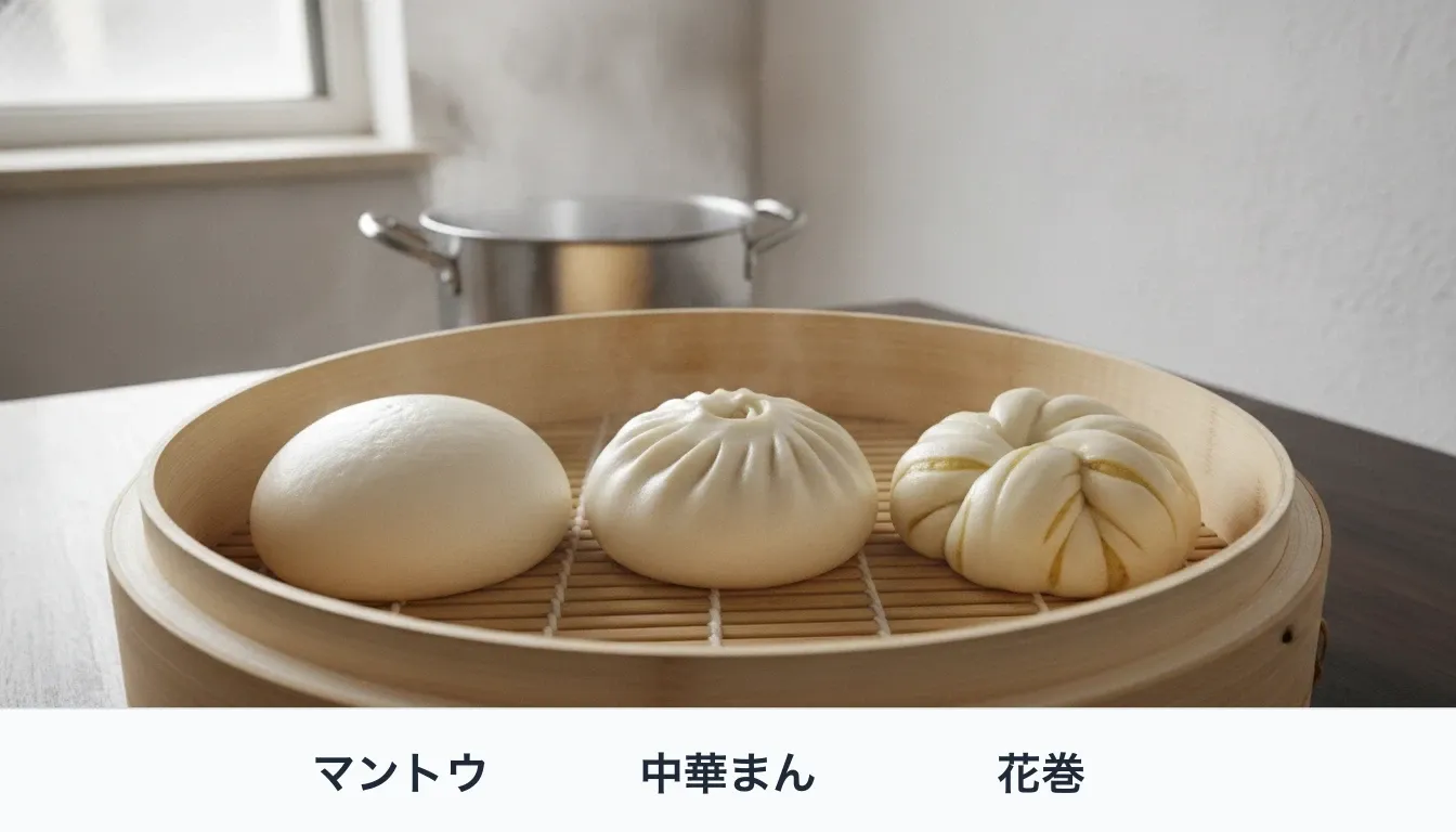 同じ蒸籠に左からマントウ・中華まん・花巻を並べて成形の違いを見比べる。マントウは継ぎ目のないなめらかな丸、中華まんは頂上にひだが寄り、花巻は帯状の生地が重なった層が見える