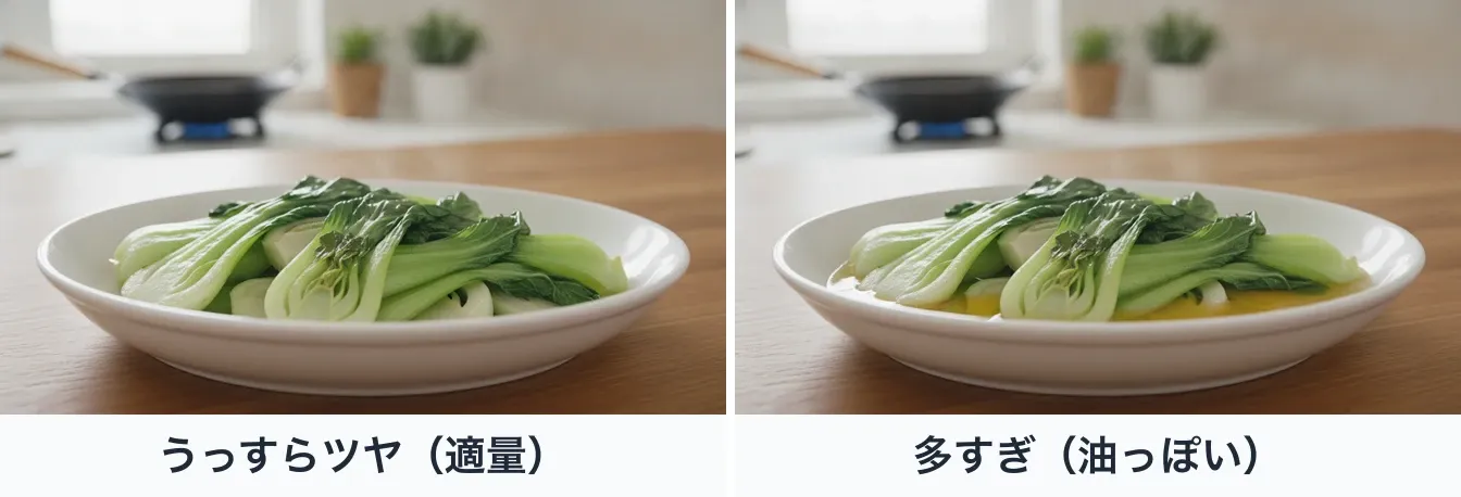 同じ白い皿に盛った青梗菜の炒め物を同じ角度から撮り、明油の量だけを変えて並べた写真。適量は葉と茎にうっすらとツヤが出て光を反射する程度で、多すぎると皿の底に黄色い油が溜まり、青梗菜が油でぎらついて油っぽく見える