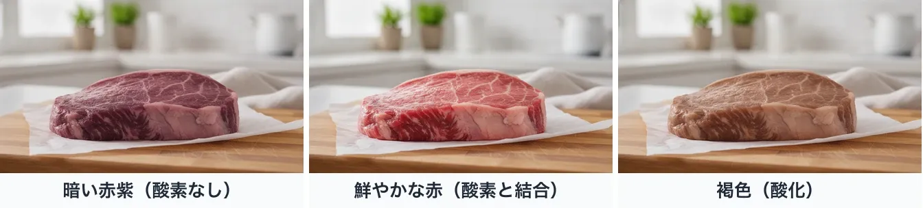 同じ生の牛ステーキ肉を同じ角度から撮り、表面の色だけを3段階に変えた写真。酸素に触れていない状態は暗い赤紫、空気にさらすと鮮やかな赤、時間がたって酸化すると褐色になる