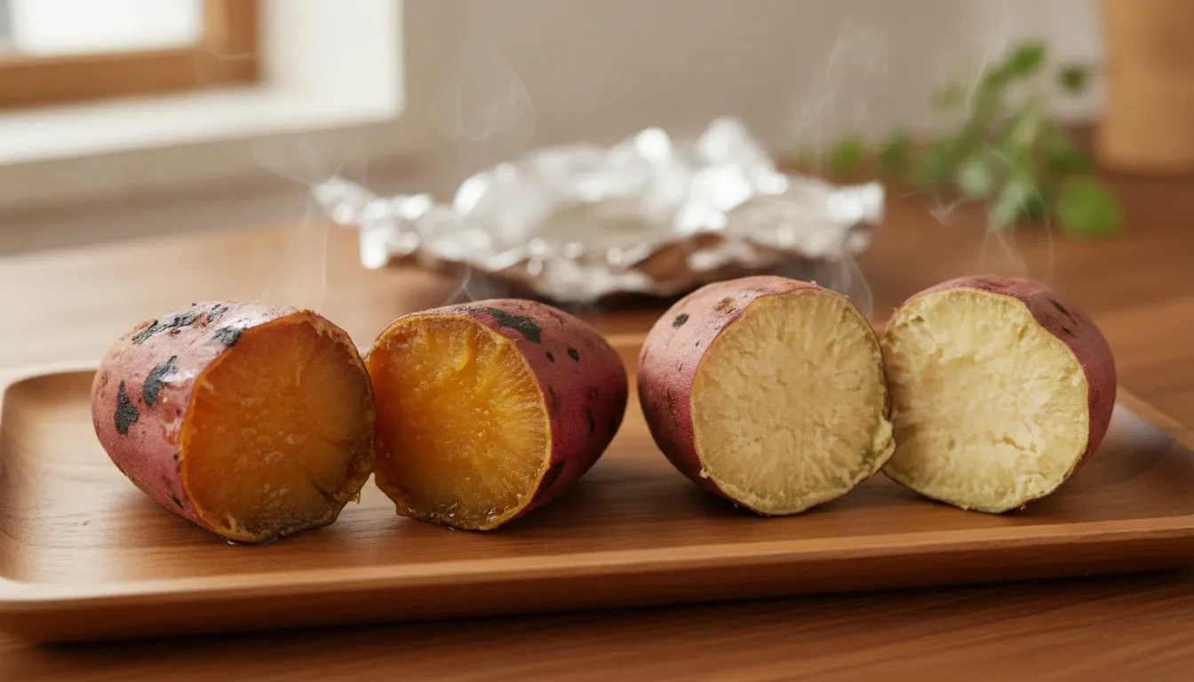 2つに割った焼き芋を左右に並べた比較。左のねっとりは、断面が濃い黄金色から琥珀色で半透明につやがあり、蜜がにじんでいる。右のホクホクは、断面が淡い黄色で不透明、粉をふいたように乾いてほろほろと崩れている