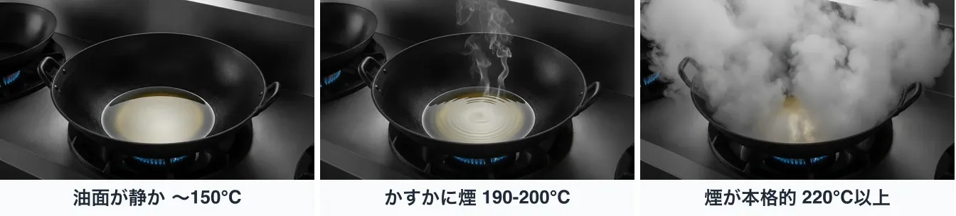 同じ中華鍋の油を同じ角度から撮り、油面と煙の様子だけを3段階に変えた写真。〜150℃は油面が静かで煙が無く、190-200℃は油面がゆらゆら揺れてかすかな白い煙が細く立ち、220℃以上は白い煙がもくもくと立ちのぼる