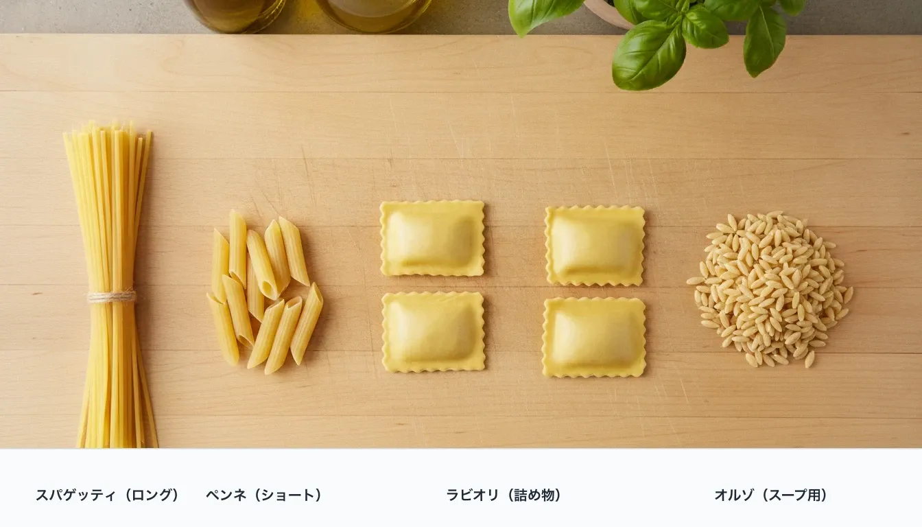 木のまな板の上に、乾燥したスパゲッティ(ロングパスタ)・ペンネ(ショートパスタ)・ラビオリ(詰め物パスタ)・オルゾ(スープ用)を左から順に並べた写真。それぞれの下に名前を焼き込んでいる