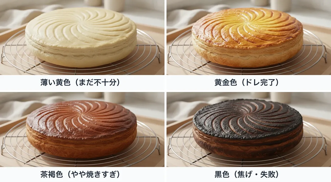 ドリュールを塗った同じパイを同じ角度から撮り、焼き色だけを薄い黄色・黄金色・茶褐色・黒色の4段階に変えて並べた写真。薄い黄色は焼きが足りず、黄金色がドレの完了、茶褐色はやや焼きすぎ、黒色は焦げ