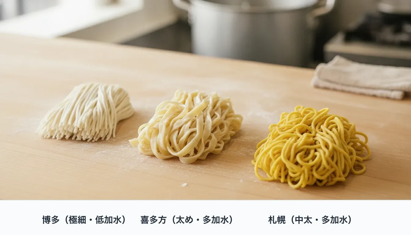 木の板に打ち粉をまぶした生のラーメンの麺を3玉並べた写真。左の博多の麺は極細でまっすぐ、白っぽく不透明。中央の喜多方の麺は太めの平打ちで、手でもんだ不規則な縮れがあり、つやのある淡い黄色。右の札幌の麺は中太で、細かく強い縮れがあり、濃い黄色