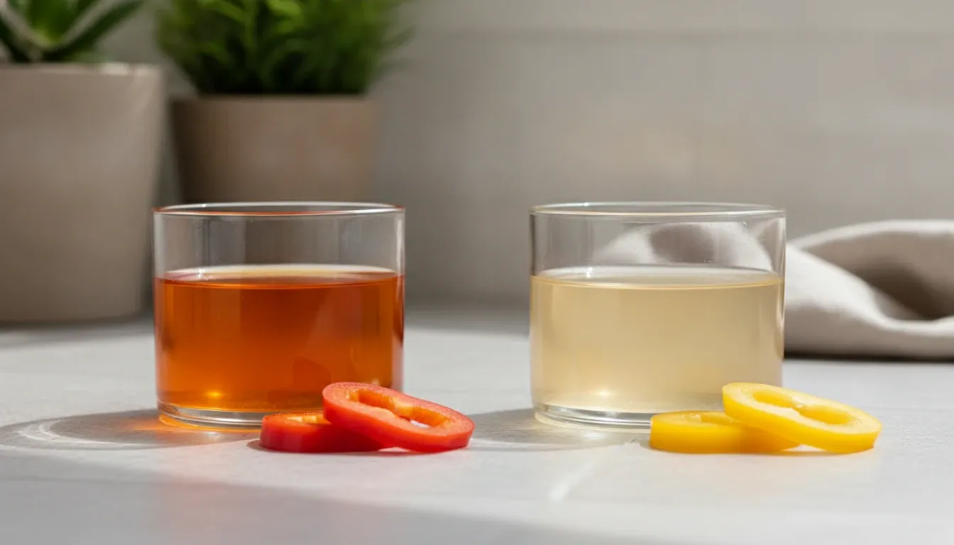 同じ条件で赤パプリカと黄パプリカから色を移した油を並べた比較。赤からの油は濃い橙、黄からの油は淡い麦わら色にしかならない