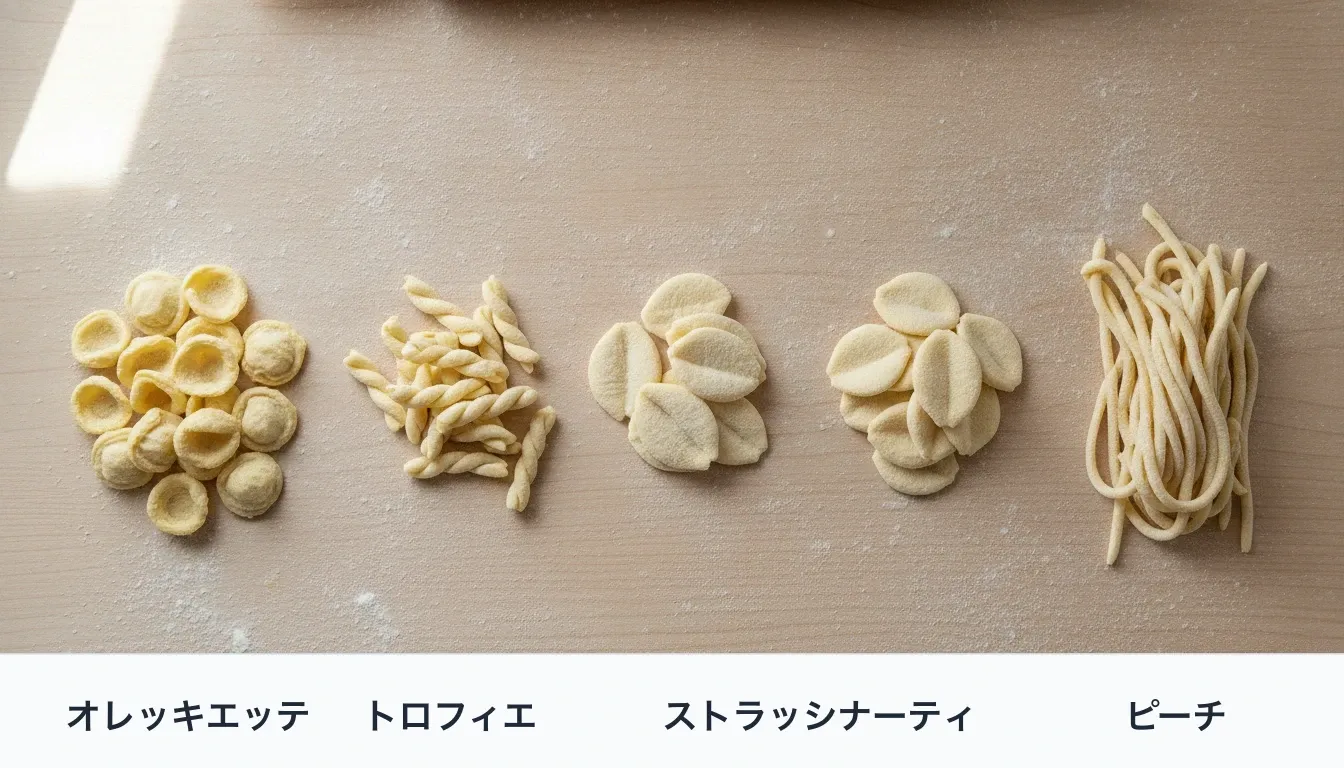 打ち粉をした木の台の上に、手で成形した生パスタ4種を左から並べた写真。オレッキエッテは耳たぶのようにくぼんだ小さな円形、トロフィエはねじれた細い紡錘形、ストラッシナーティは生地を引きずって伸ばした平たい楕円の殻形、ピーチは手で転がした太くて長い麺。それぞれの下に名前を焼き込んでいる