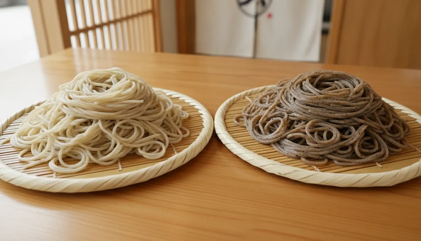 同じ竹のざるに盛ったもりそばを2枚並べた写真。左の更科は一番粉だけで打った白に近いクリーム色の細いそば、右の田舎は甘皮まで挽き込んだ灰褐色のそばで、黒い粒が点々と散っている