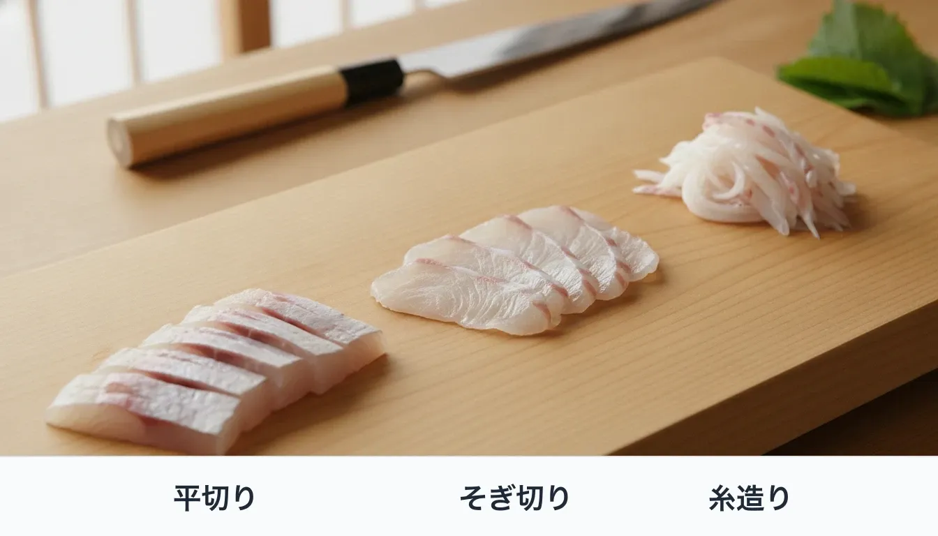 白木のまな板の上に、同じ鯛の柵を3通りに切って左から並べた写真。平切りは厚さ1cmほどの角の立った切り身が倒れずに並び、そぎ切りは包丁を寝かせて薄く広く切った切り身が重なり、糸造りは細い糸のように切った身が小山になっている。それぞれの下に名前を焼き込んでいる