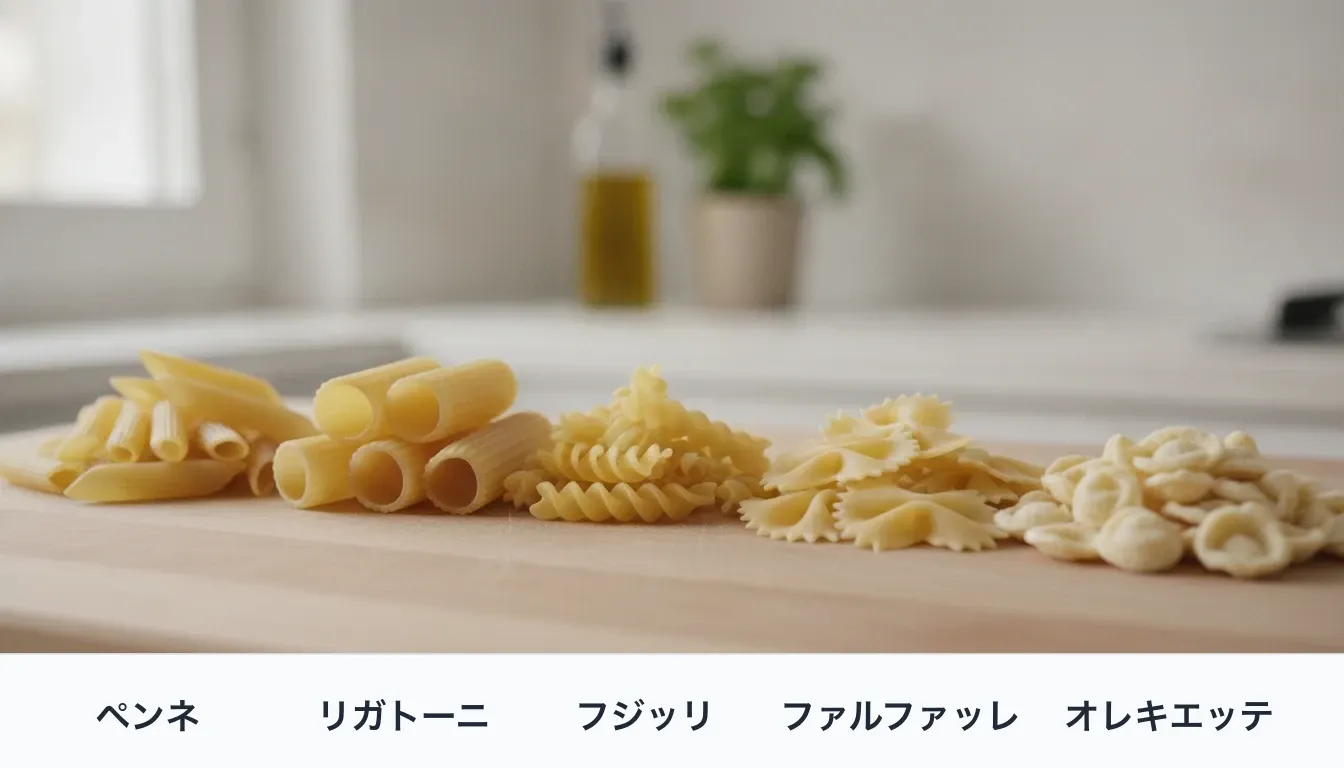 木の板の上に乾燥ショートパスタを5つの小山にして横一列に並べた写真。左から、斜めに切った細い筒のペンネ、太い筒の表面に縦の溝が走るリガトーニ、らせん状にねじれたフジッリ、中央をつまんだリボン形で縁がぎざぎざのファルファッレ、耳たぶのような小さなくぼみのあるオレキエッテ