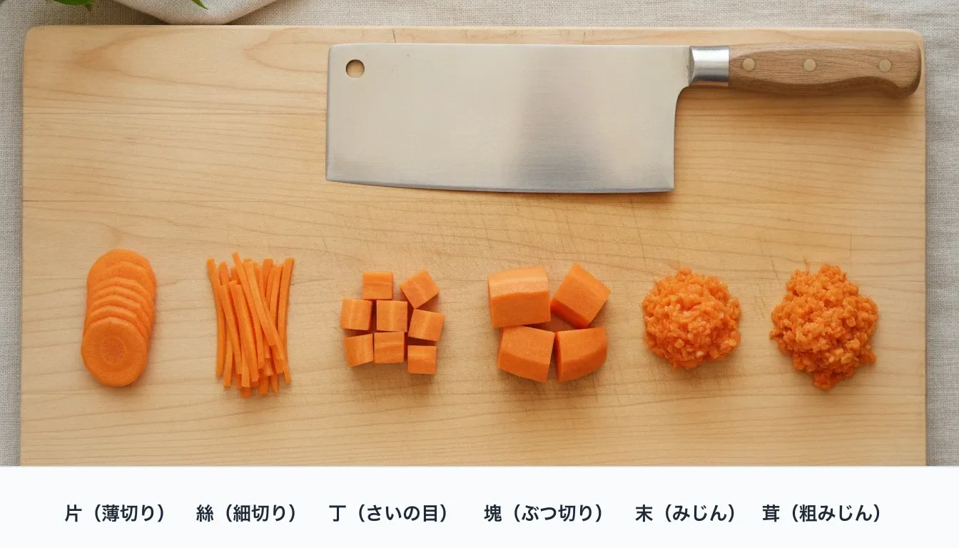木のまな板の上に、同じ人参を片(薄切り)・絲(細切り)・丁(さいの目切り)・塊(ぶつ切り)・末(みじん切り)・茸(粗みじん切り)に切り分けて左から順に並べ、中華包丁を奥に置いた俯瞰写真