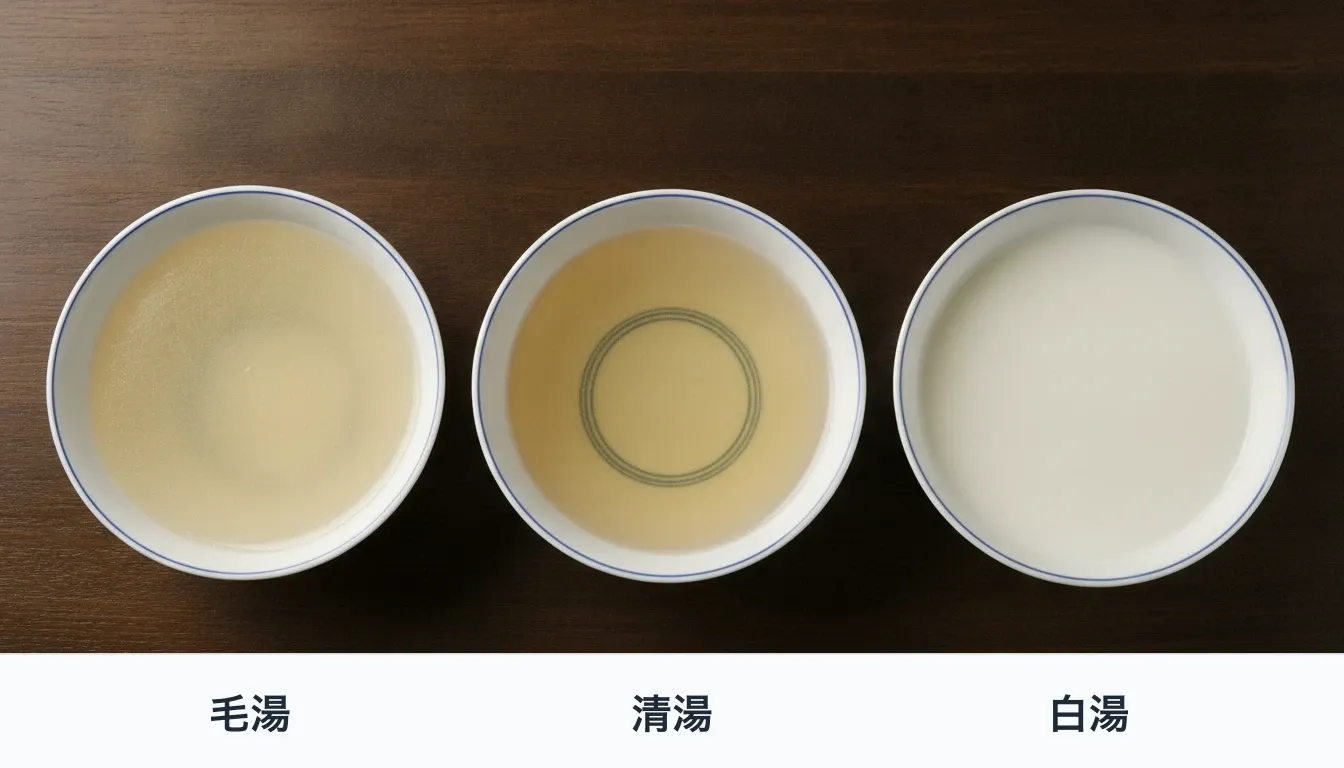 毛湯・清湯・白湯を同じ器で並べ、澄み方の違いを比べる。上湯は清湯と同じ澄んだ淡い黄金色で、違いは色ではなく乾物による旨味
