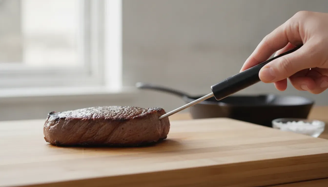 まな板の上の焼いた牛ステーキに、手に持ったペン型の中心温度計の細い軸を、上面からではなく右の側面から差し込んでいるところ