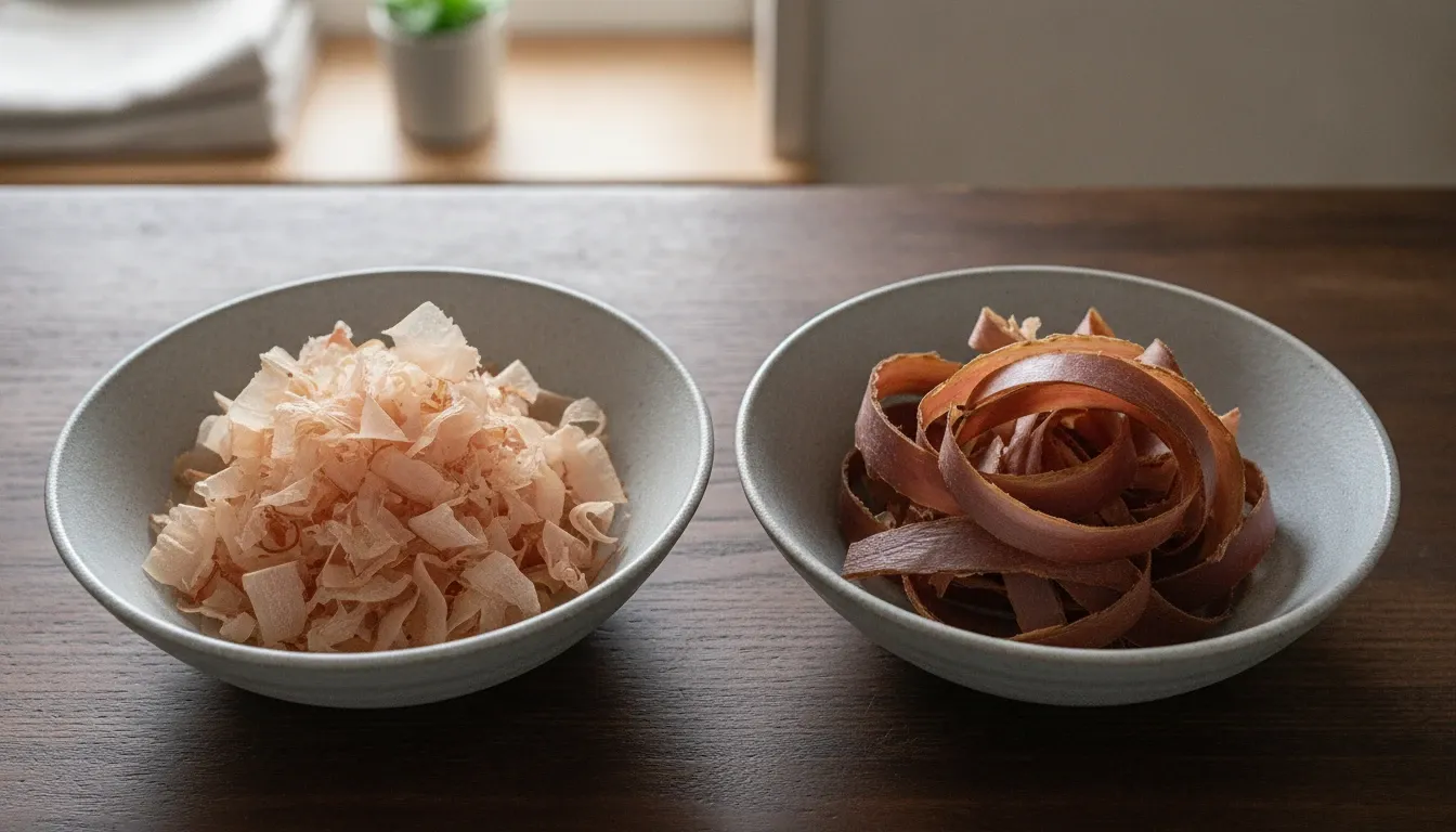 左に淡い桃色で紙のように薄く透ける薄削り(花かつお)、右に赤褐色で厚く不透明な厚削りを同じ器に盛って並べ、削りの厚みと色の違いを見比べる
